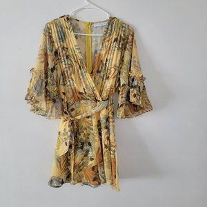 CHICWAY BRAND SHORTS JUMPSUIT, SIZE L, YELLOW COLOR WIT BROWN FLOWER